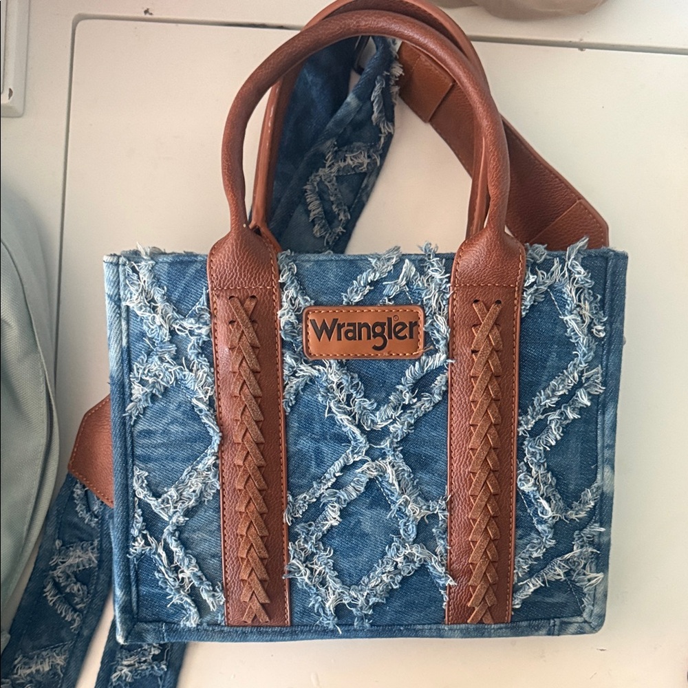 Wrangler Distressed Denim Tote with Brown Trim